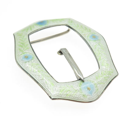 925 Sterling Silver Antique Art Deco Guilloche Enamel Flower Belt Buckle
