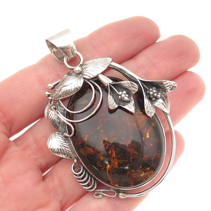 ZIV 925 Sterling Silver Vintage Real Amber Modernist Floral Oxidized Pendant