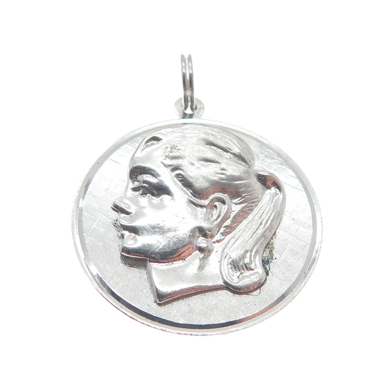 925 Sterling Silver Vintage Girl's Face Profile Round Charm Pendant