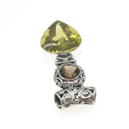 925 Sterling Silver Vintage Real Smoky Quartz & Citrine Gem Ornate Slide Pendant