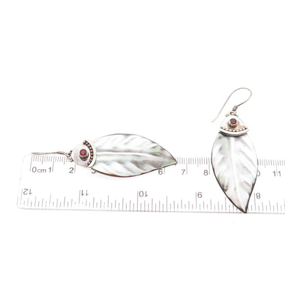SAJEN Sterling Silver Vintage Real Abalone Shell & Garnet Floral Dangle Earrings