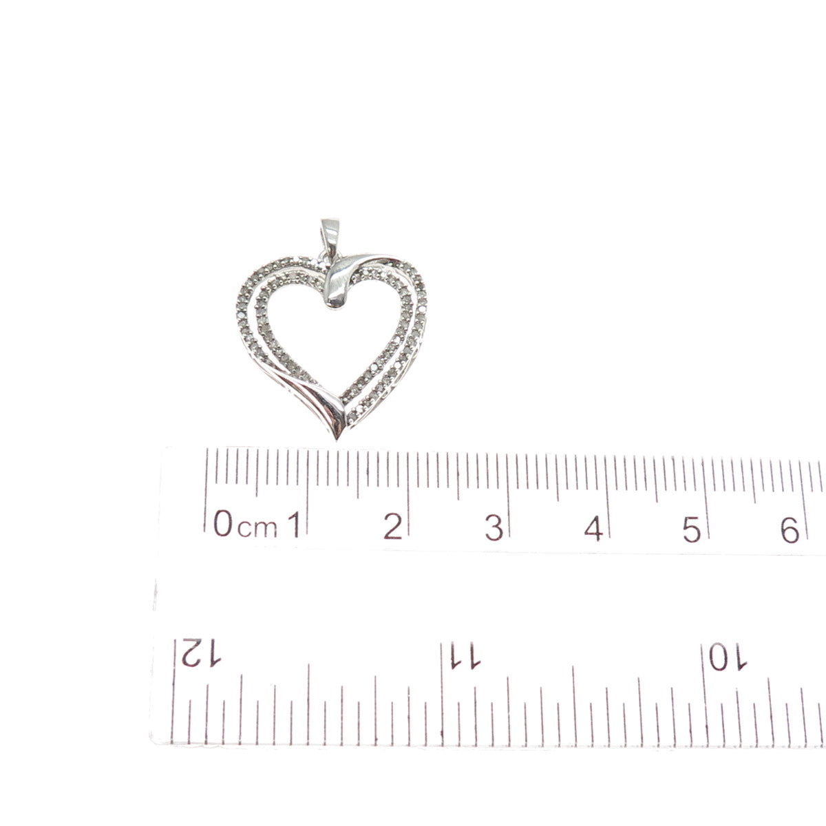 925 Sterling Silver Real Round-Cut Diamond Double Heart Charm Pendant