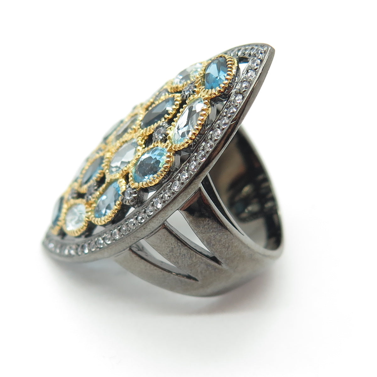 DSMK 925 Sterling White Blue & London Topaz Oxidized Statement Ring Size 6.25