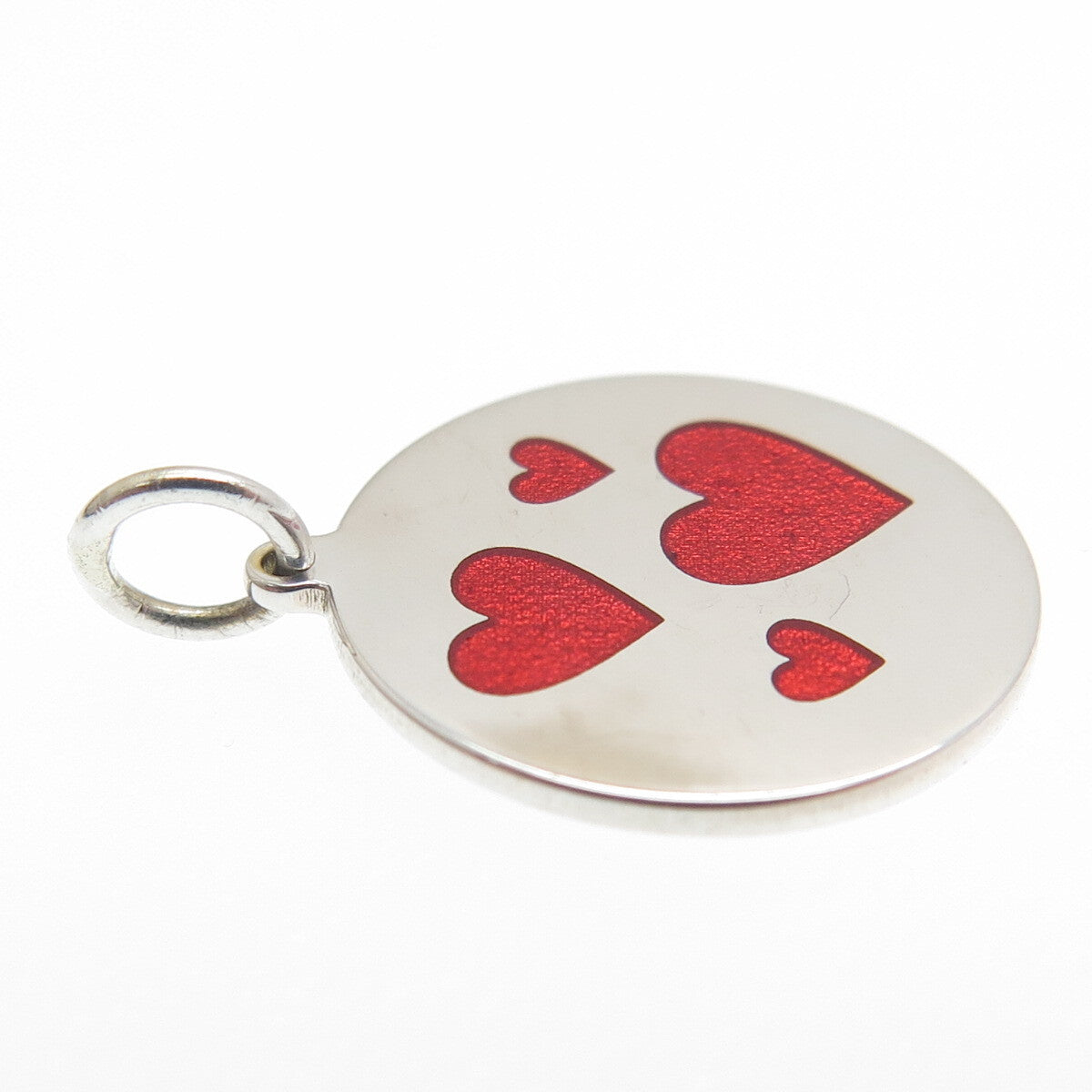 925 Sterling Silver Red Enamel Family Heart Round Tag Minimalist Charm Pendant