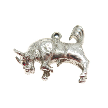 925 Sterling Silver Antique Art Deco Red Rhinestone Bull Minimalist 3D Pendant