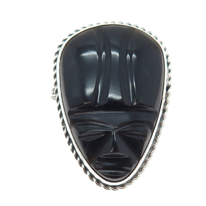 925 Sterling Silver Vintage Real Black Onyx Aztec God Face Oxidized Pin Brooch
