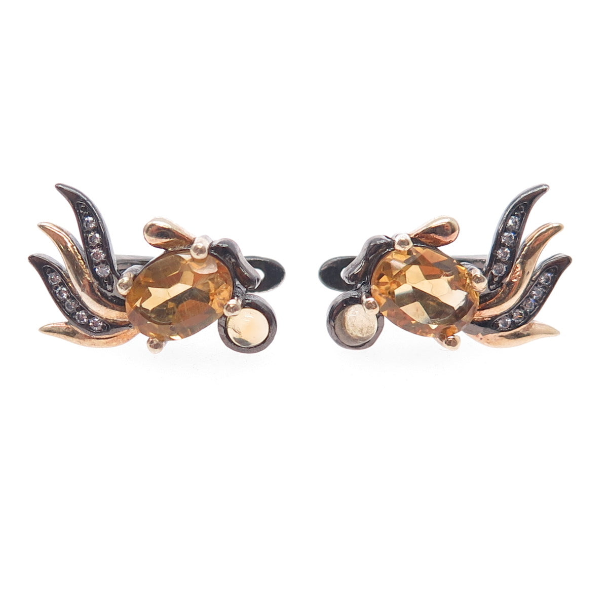 925 Sterling Silver Black Rhodium 2-Tone Vintage Real Citrine & C Z Earrings