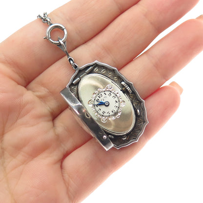 Hallwatch Sterling Antique Enamel Marcasite Swiss 15 Jewels Watch Necklace 24"
