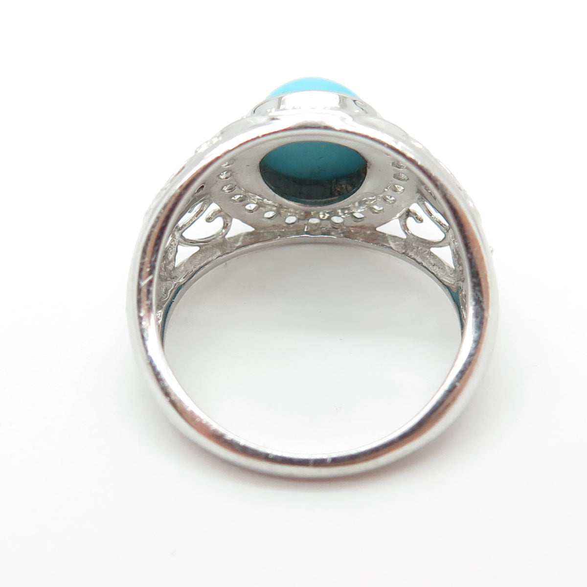 925 Sterling Silver Real Round-Cut White Topaz & Turquoise Swirl Ring Size 8