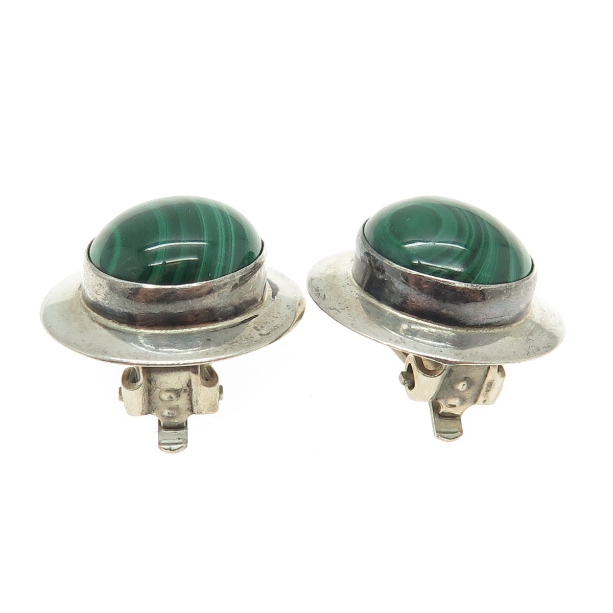 925 Sterling Silver Vintage Real Malachite Gemstone Clip On Earrings