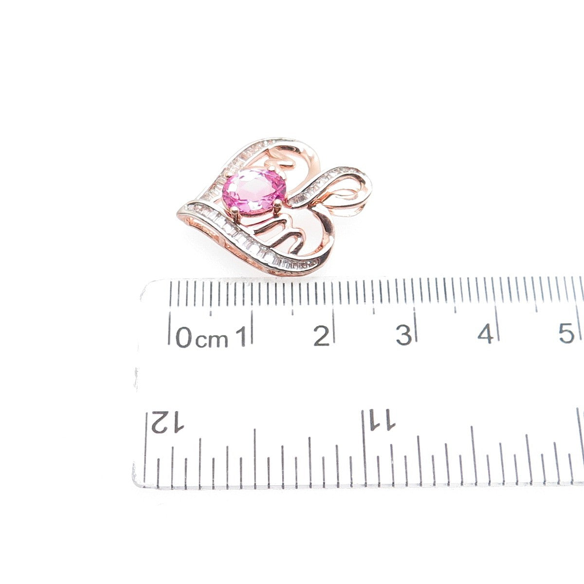925 Sterling Rose Gold Plated Real Pink & White Topaz Mom Heart Charm Pendant