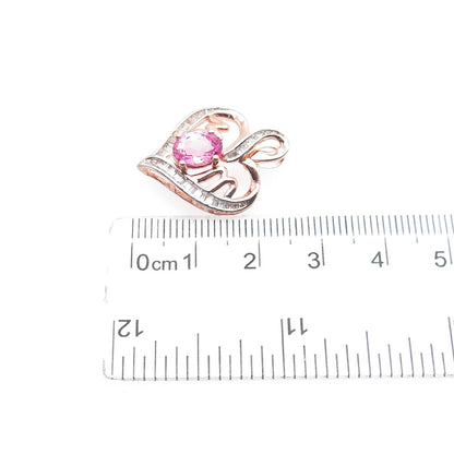 925 Sterling Rose Gold Plated Real Pink & White Topaz Mom Heart Charm Pendant