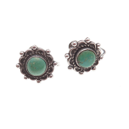 Old Pawn 925 Sterling Silver Vintage Turquoise Floral Tribal Screw Back Earrings