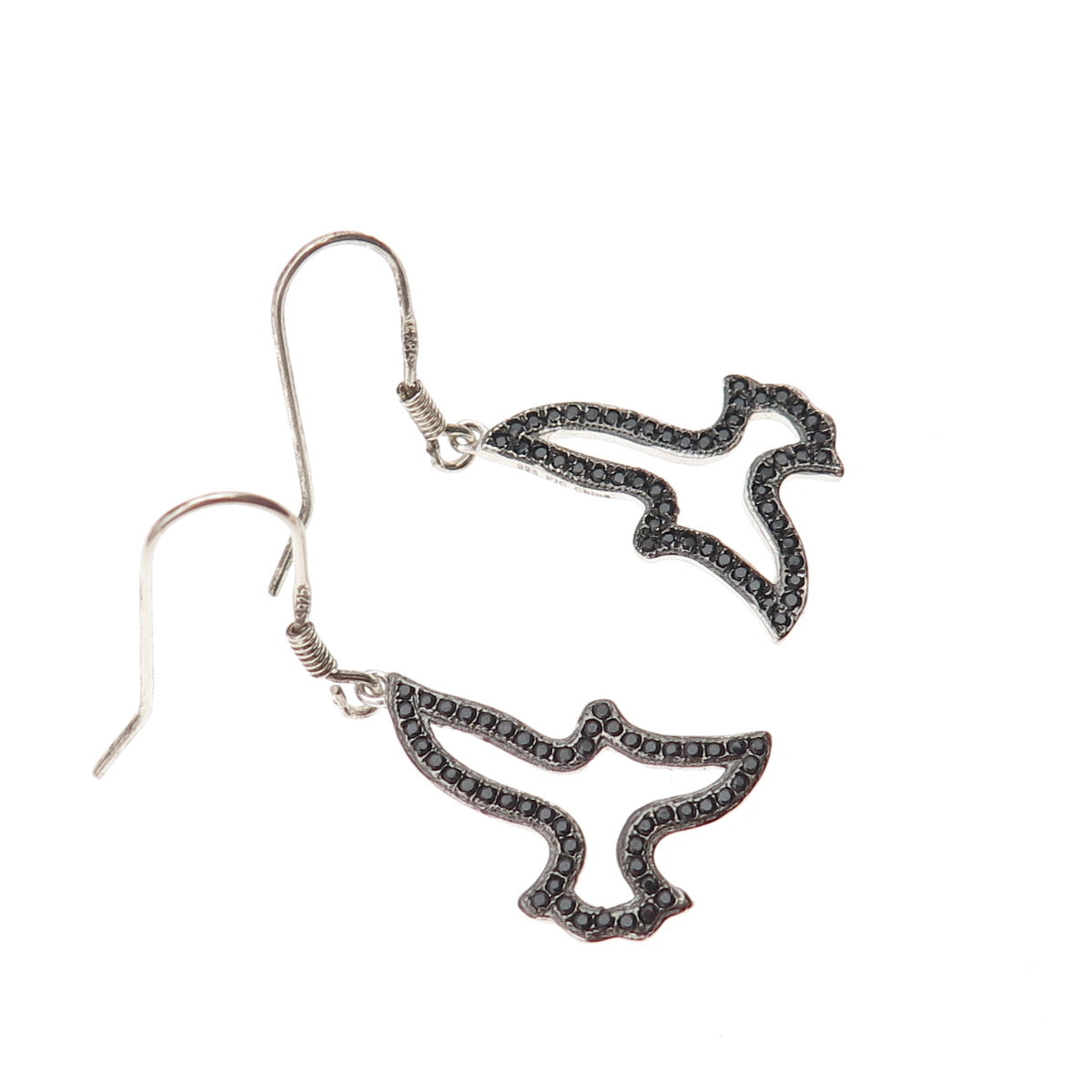 925 Sterling Silver Real Round-Cut Black Spinel Bird Dangle Earrings