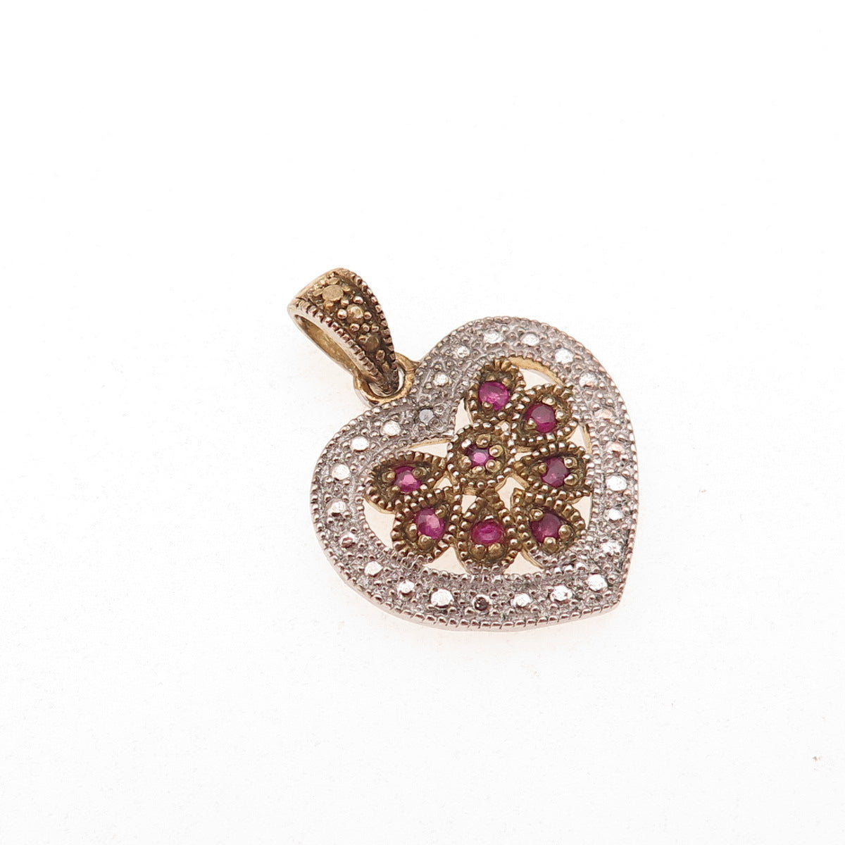 925 Sterling Silver 2-Tone Real Diamond Accent & Ruby Heart Charm Pendant