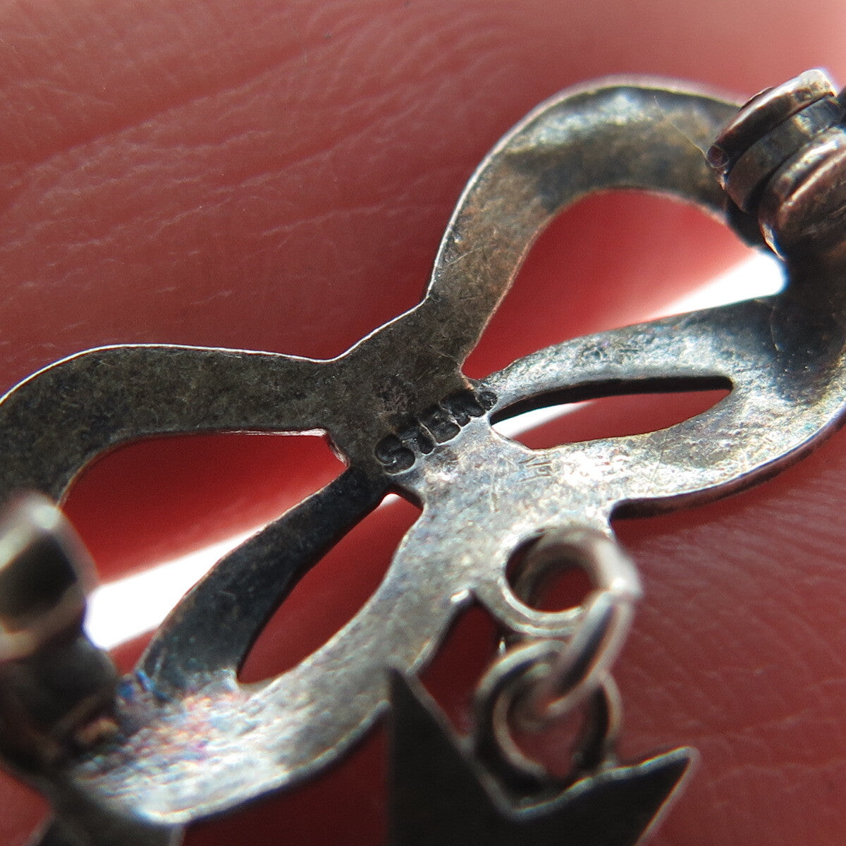 925 Sterling Silver Antique Enamel Bow Masonic Star Dangle Oxidized Brooch