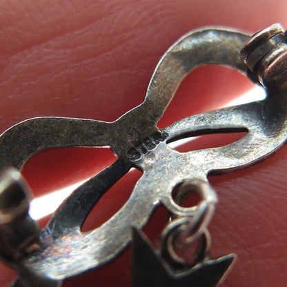 925 Sterling Silver Antique Enamel Bow Masonic Star Dangle Oxidized Brooch