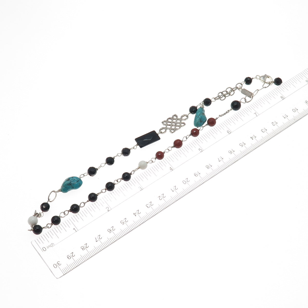 925 Sterling Silver Vintage Black & White Onyx Carnelian Turquoise Necklace 16"