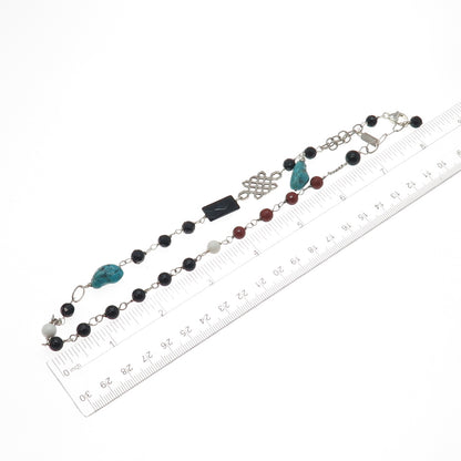 925 Sterling Silver Vintage Black & White Onyx Carnelian Turquoise Necklace 16"