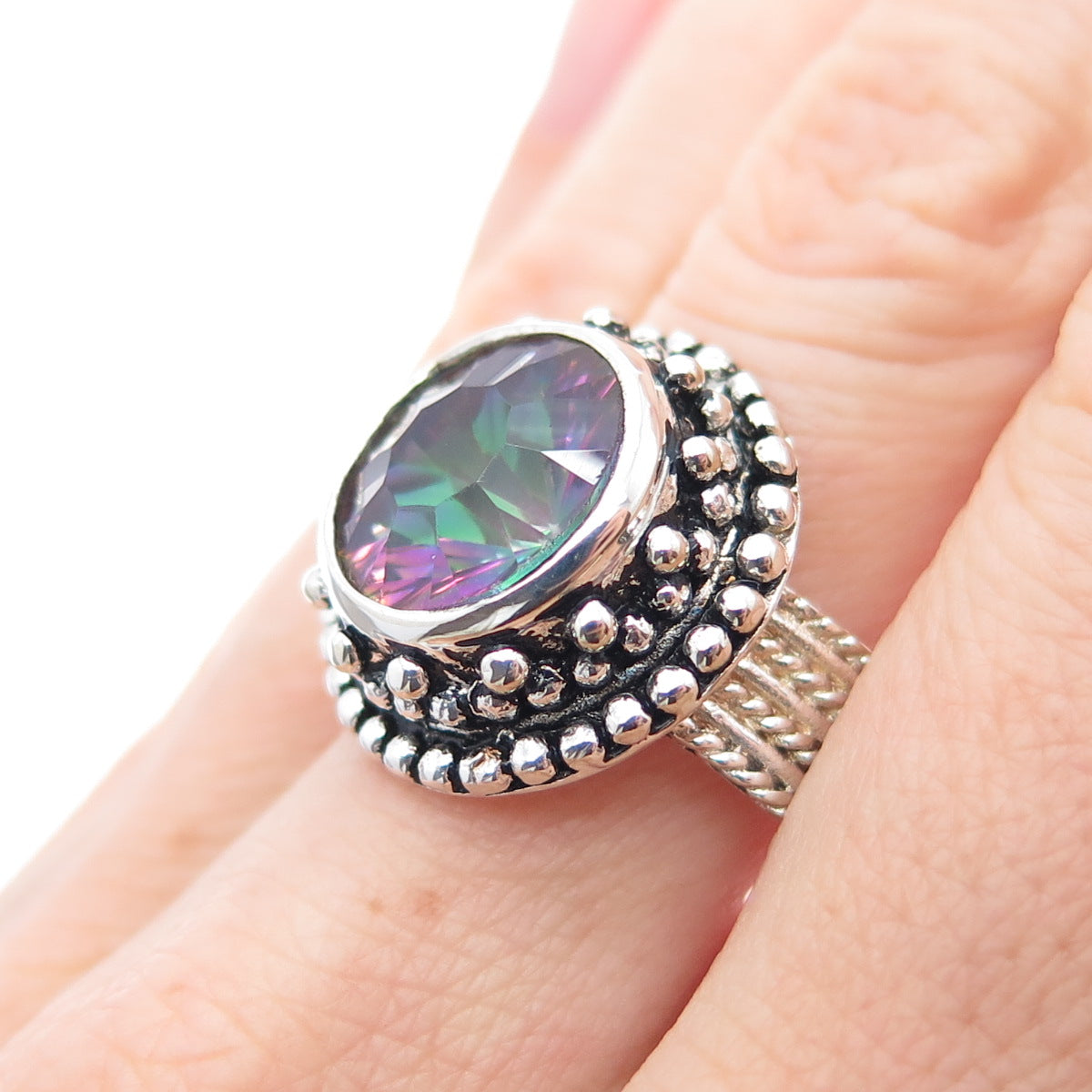 925 Sterling Silver Vintage Real Mystic Topaz Beaded Oxidized Ring Size 9.5