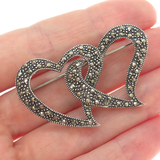 925 Sterling Silver Vintage Real Marcasite Interlocked Double Heart Pin Brooch