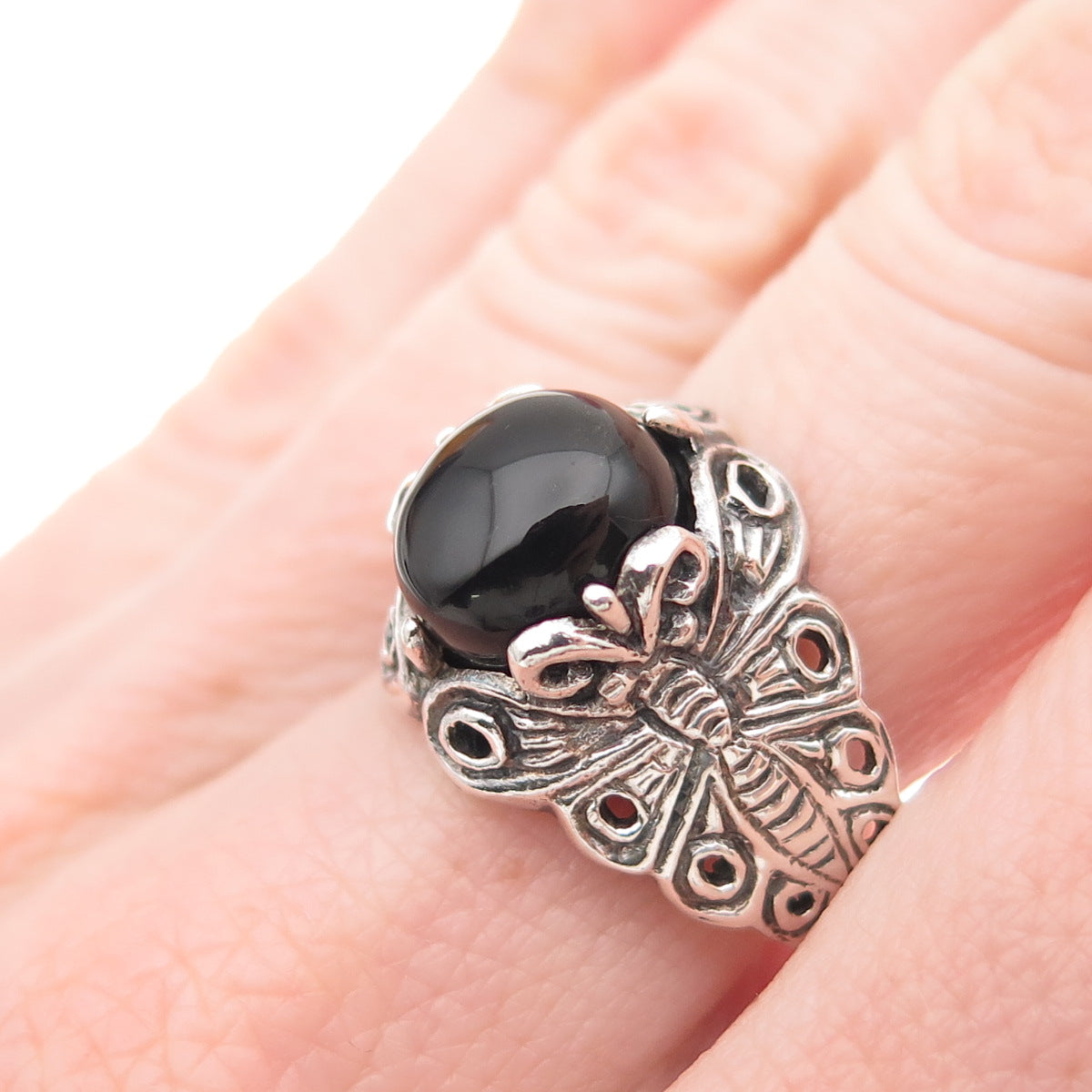 Chapal Zenray 925 Sterling Silver Vintage Real Black Onyx Butterfly Ring Size 9