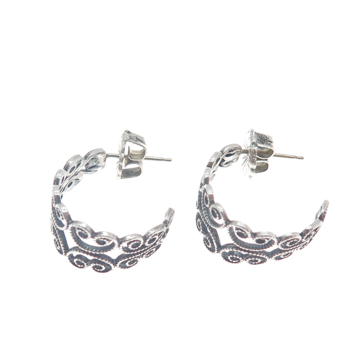925 Sterling Silver Vintage Heart Ornate Oxidized Hoop Earrings