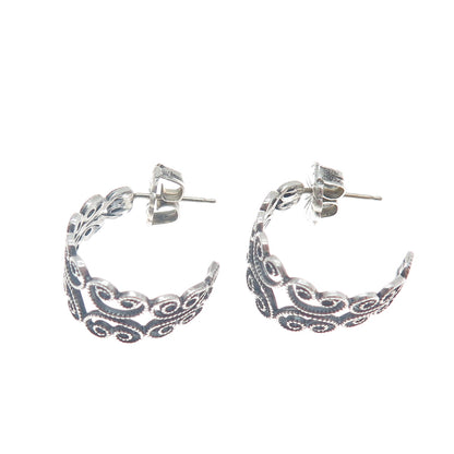 925 Sterling Silver Vintage Heart Ornate Oxidized Hoop Earrings