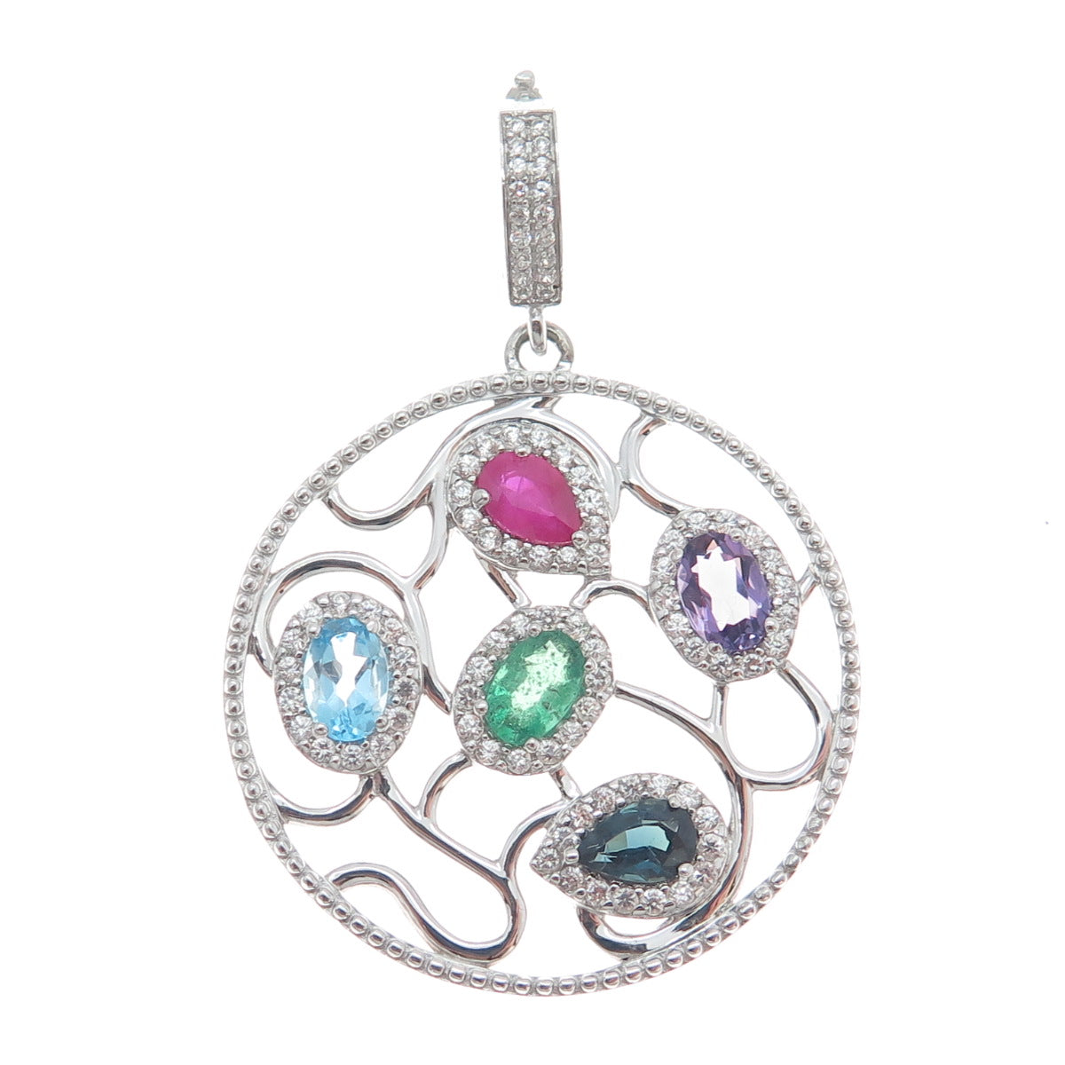 DSMK 925 Sterling Real Sapphire Ruby Blue & White Topaz Amethyst Emerald Pendant