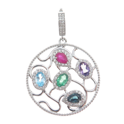 DSMK 925 Sterling Real Sapphire Ruby Blue & White Topaz Amethyst Emerald Pendant