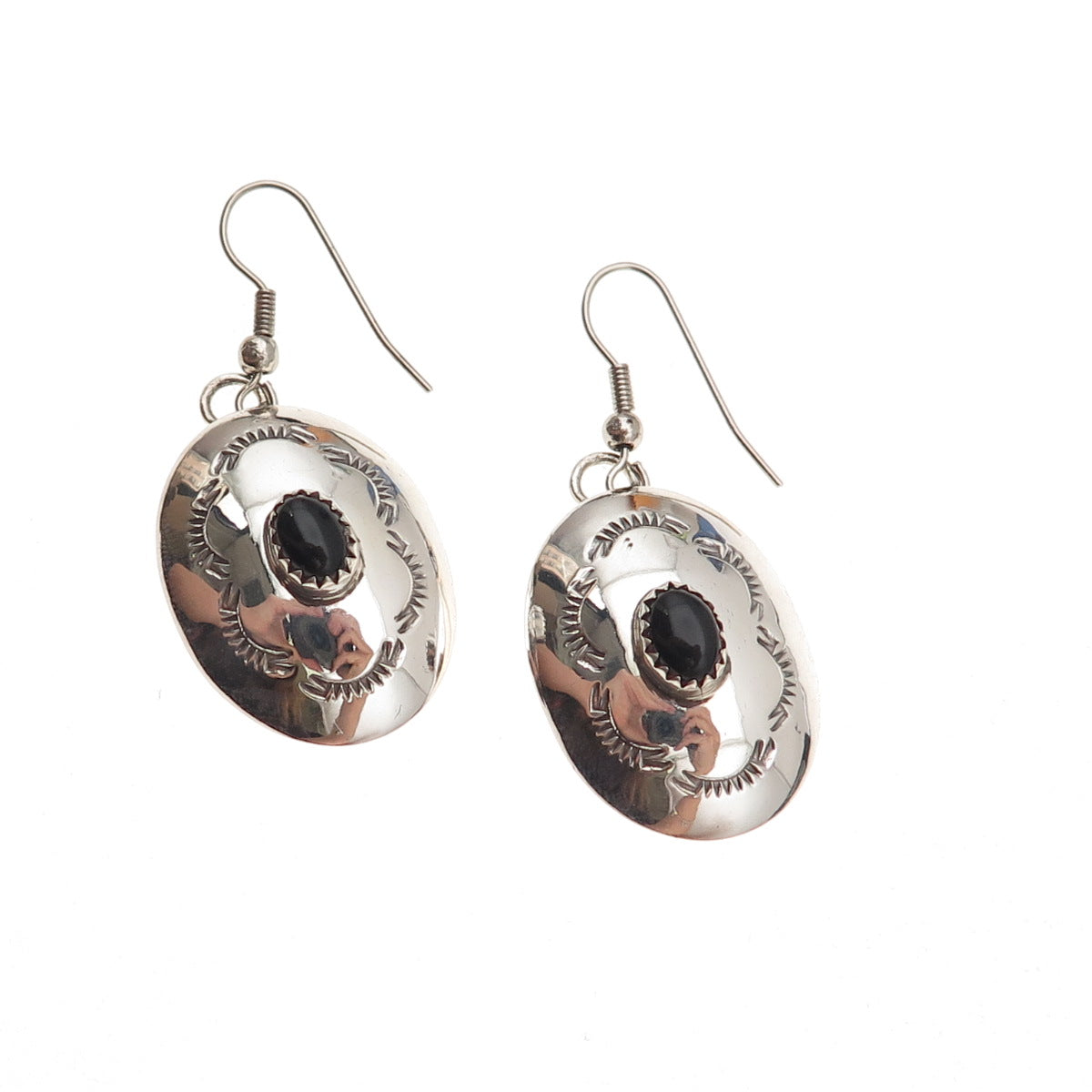 Old Pawn Sterling Silver Vintage Southwestern Black Onyx Concho Dangle Earrings