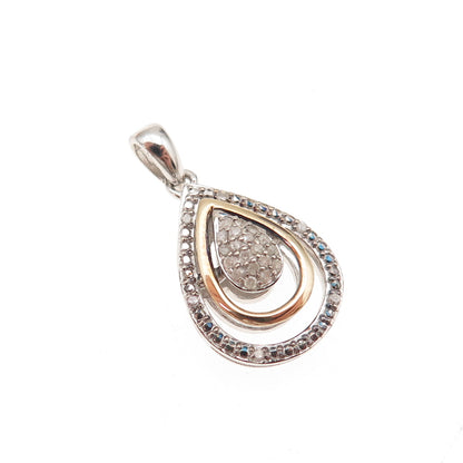 925 Sterling Silver 14K Gold Real Round-Cut Diamond Teardrop Charm Pendant