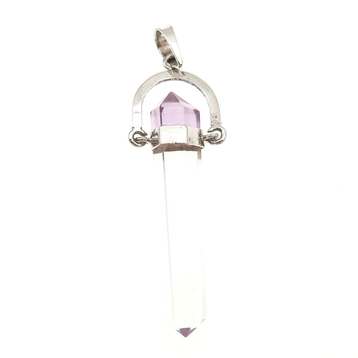 925 Sterling Silver Vintage Real Amethyst & Clear Crystal Amulet Charm Pendant