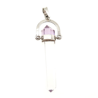 925 Sterling Silver Vintage Real Amethyst & Clear Crystal Amulet Charm Pendant