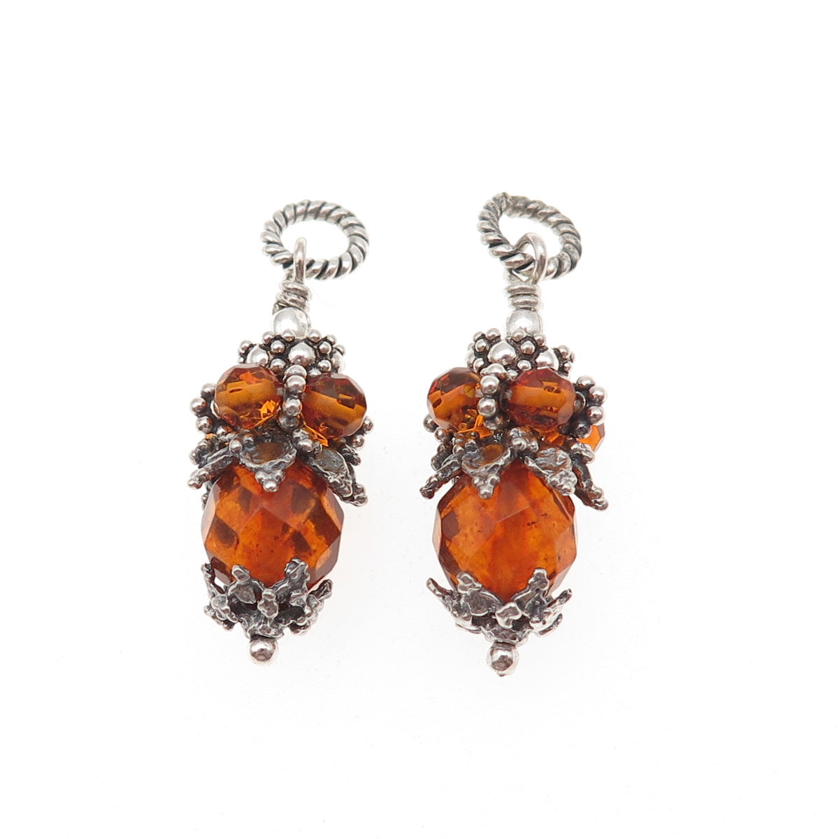 925 Sterling Silver Vintage Real Amber Granulated Jacket Earrings