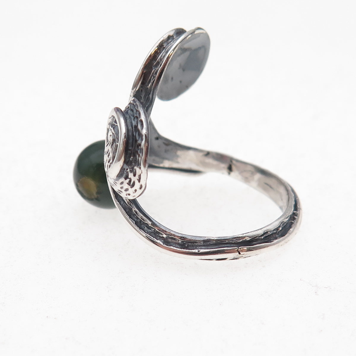 925 Sterling Silver Vintage Real Jade Modernist Adjustable Ring Size 7.5
