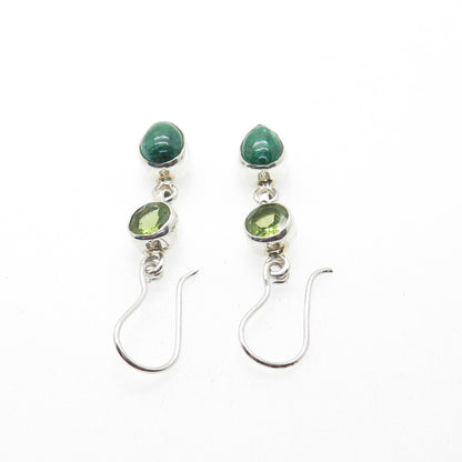 925 Sterling Silver Vintage Real Azurite & Peridot Dangle Earrings