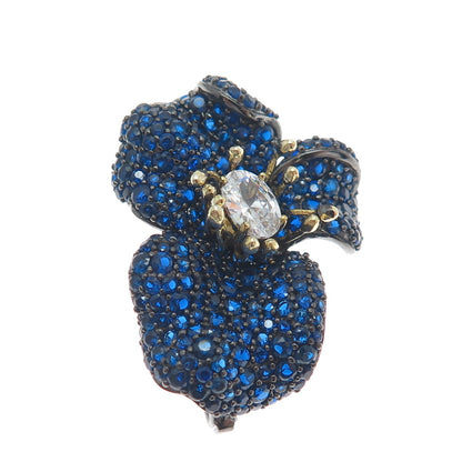 DSMK 925 Sterling Silver 2-Tone Black Rhodium Blue & White C Z Flower Pin Brooch