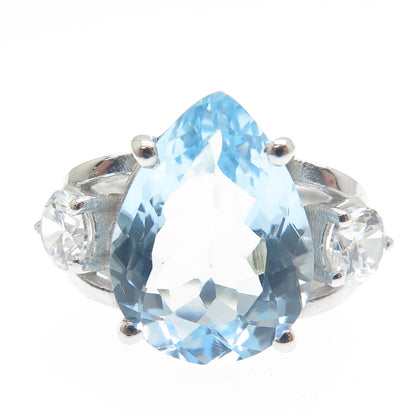 925 Sterling Silver Real Pear-Cut Blue Topaz & C Z Ring Size 7