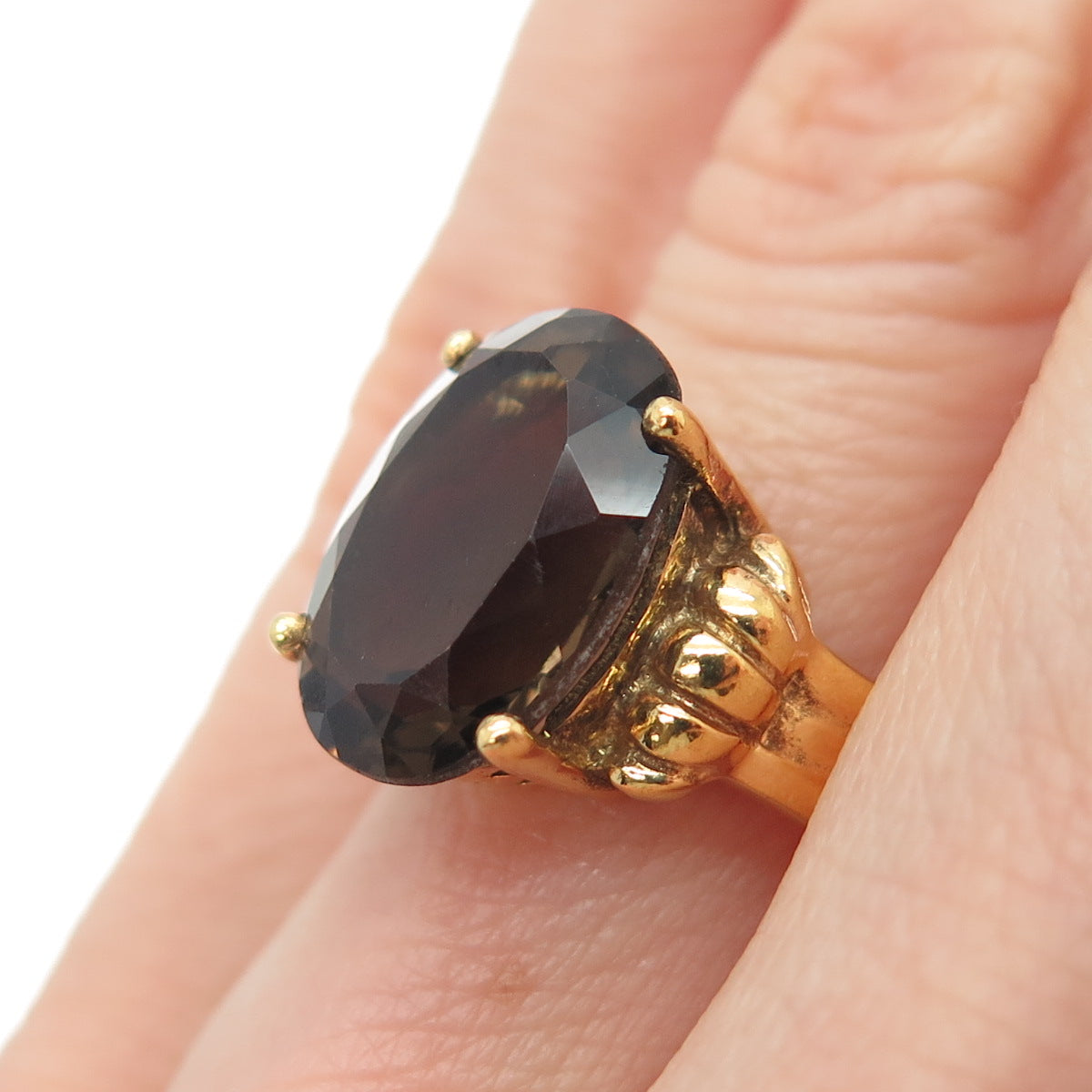 KEN CRAFTS Sterling Silver Gold Plated Real Oval-Cut Smoky Quartz Ring Size 6