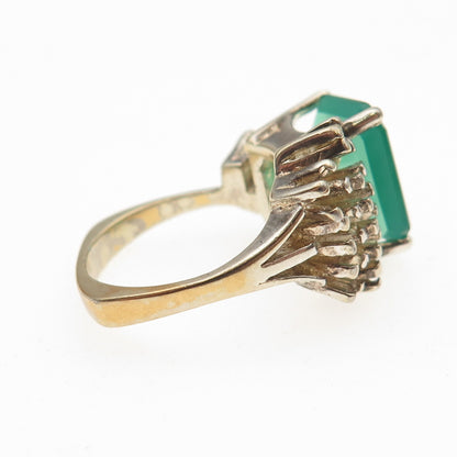 925 Sterling Gold Plated Vintage Real Green Chalcedony Modernist Ring Size 5.25