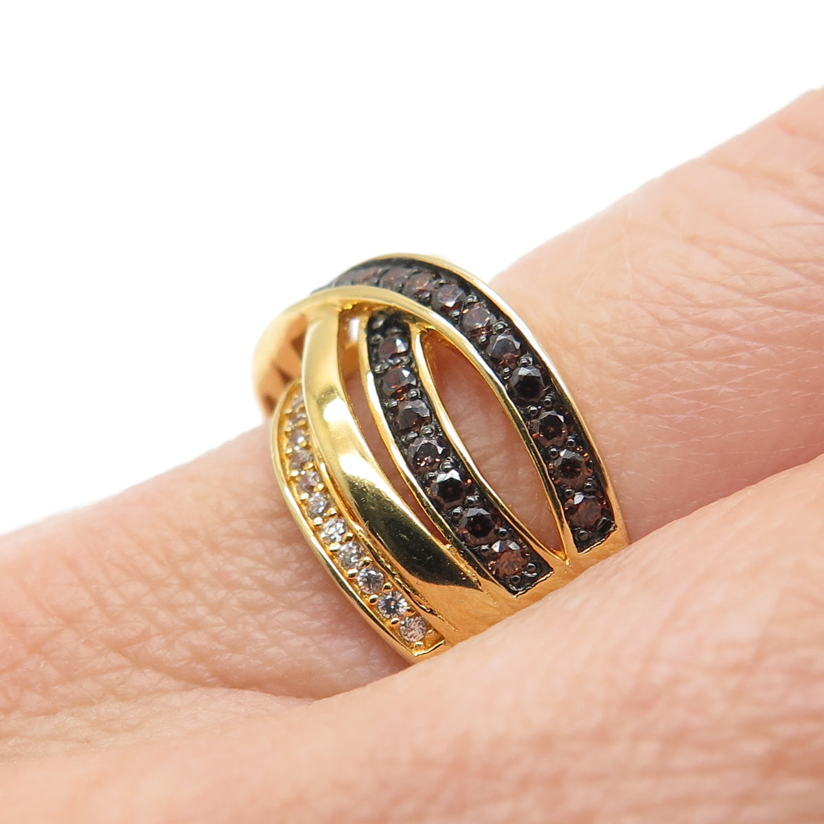 925 Sterling Silver Gold Plated Real Smoky Quartz C Z Crisscross Ring Size 7.25