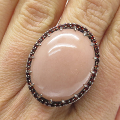 DSMK 925 Sterling Silver Black Rhodium Smoky Chalcedony & Red Garnet Ring Size 7