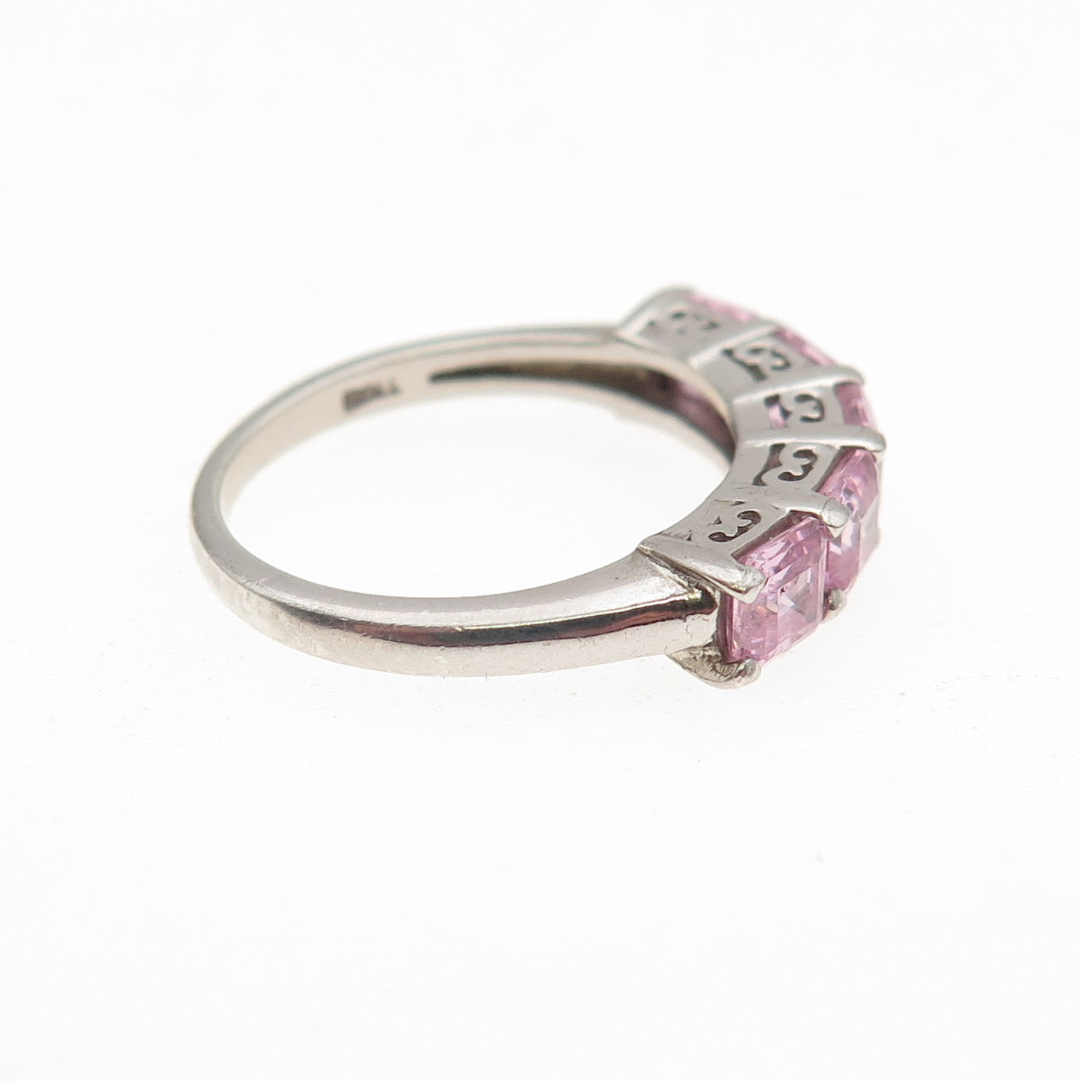 925 Sterling Silver Asscher-Cut Pink C Z Half Eternity Band Ring Size 5
