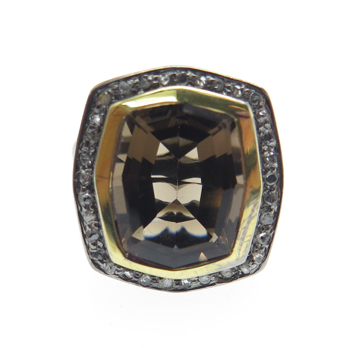 925 Sterling Silver Black Rhodium 2-Tone Diamond & Smoky Quartz Ring Size 5