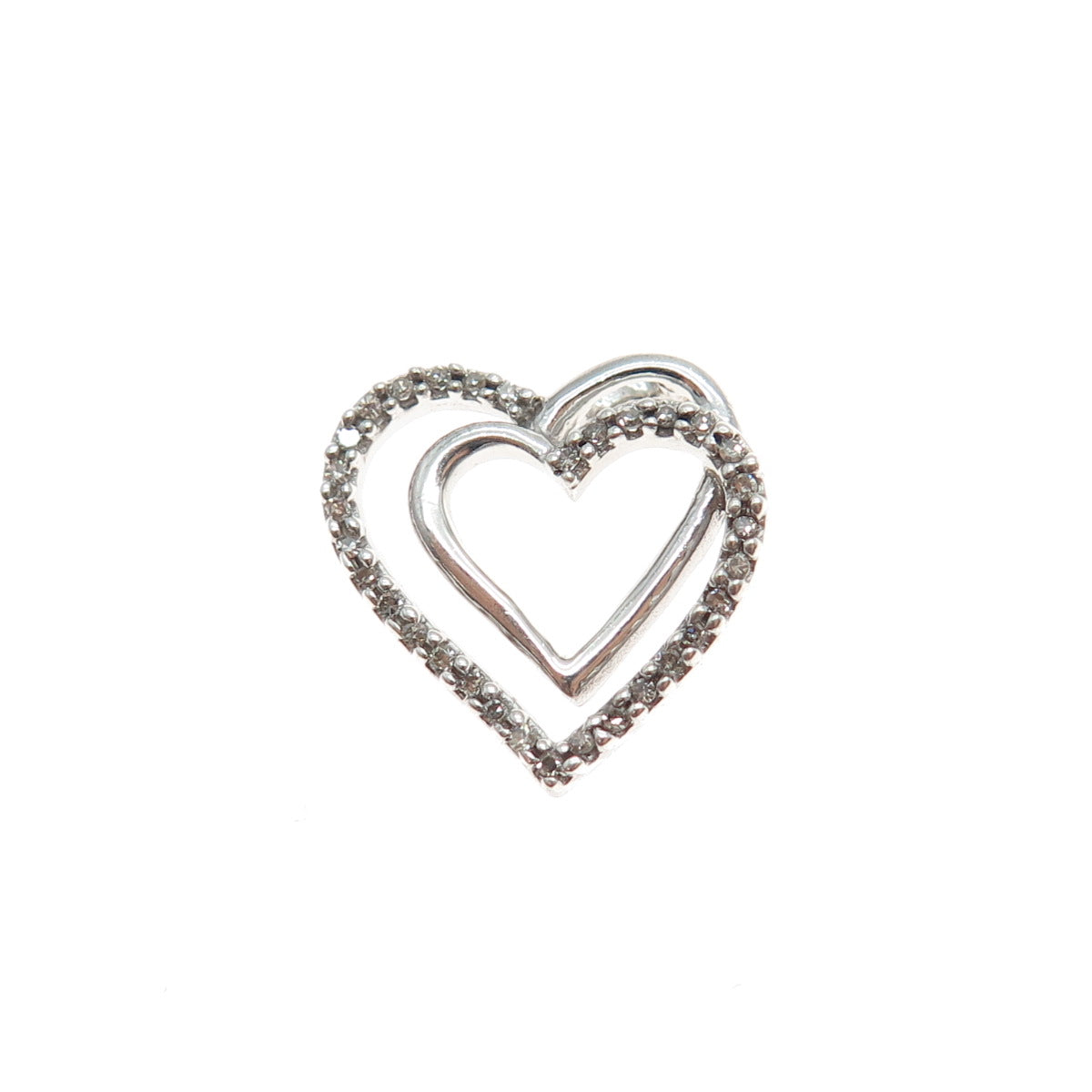 925 Sterling Silver Real Round-Cut Diamond Double Heart Mini Slide Charm Pendant