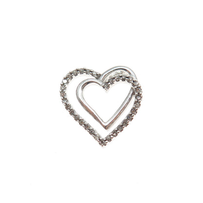 925 Sterling Silver Real Round-Cut Diamond Double Heart Mini Slide Charm Pendant