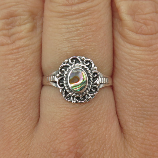 925 Sterling Silver Vintage Real Abalone Shell Floral Oxidized Ring Size 7.75