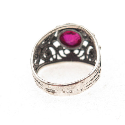 875 Silver Vintage Lab-Created Ruby Swirl Oxidized Ring Size 7.5