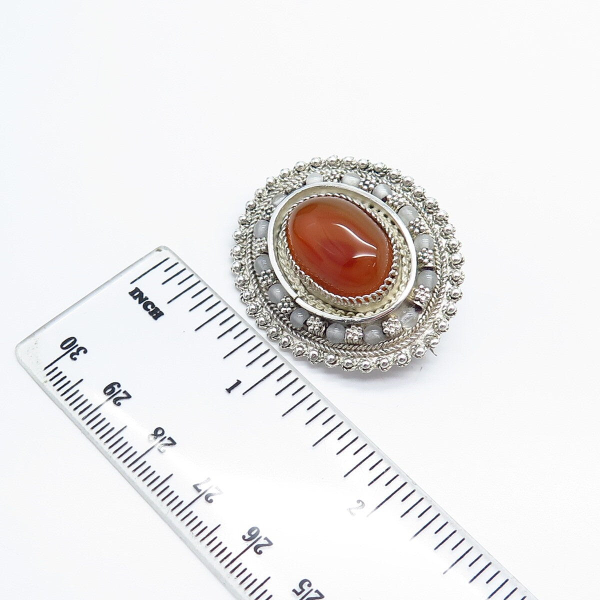 925 Sterling Silver Vintage Israel Agate & Clear Quartz Beaded Brooch / Pendant